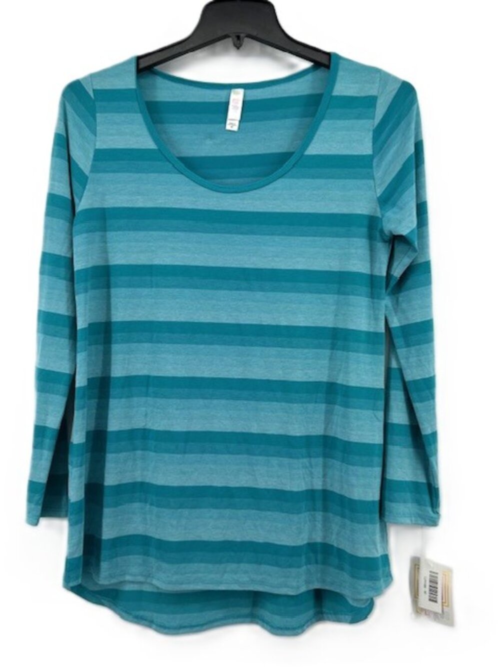 LuLaRoe Lynnae Medium‎ 10-12 Long Sleeve Stripe High Low Tunic Top Blue Teal